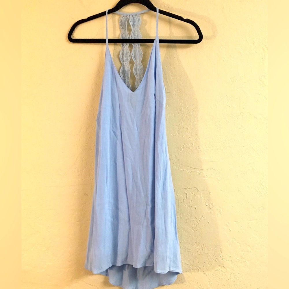 ASTR Silk Lace Sleeveless Mini Dress Blue XS High-Low Flowy Relaxed Vacation